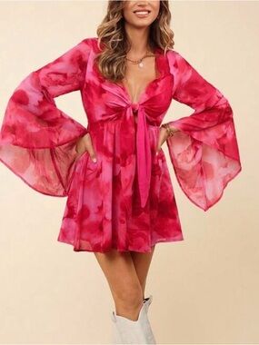 SHEIN Fuchsia Pink Tie-Front Floral Mini Dress